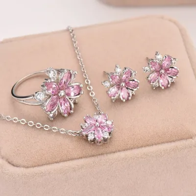 Silver Pink Cherry Blossoms Pendant Necklace (4 Pcs)